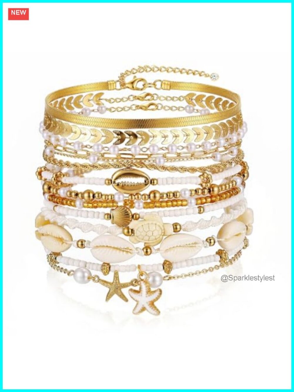 Boho Gold Beaded Charm Stretch Bracelet Set Stackable Gift